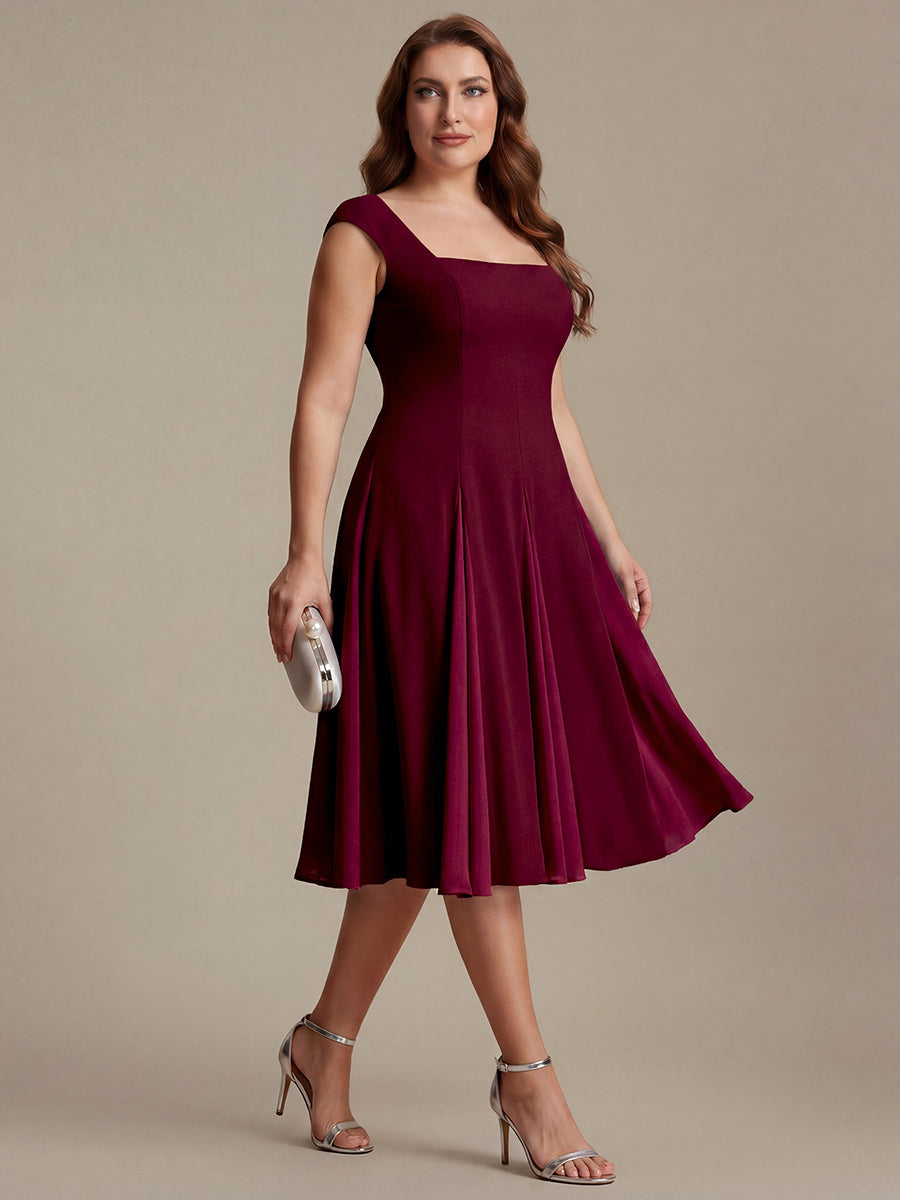 Color=Burgundy | One Stop Shop Short Sleeve Cap Sleeve Patchwork A-Line Midi Wedding Guest Dresses-Burgundy 20