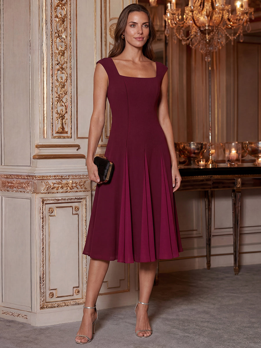 Color=Burgundy | Wholesale Strapless High Stretch Ball-Gown Midi Square Neck Wedding Guest Dresses-Burgundy 6