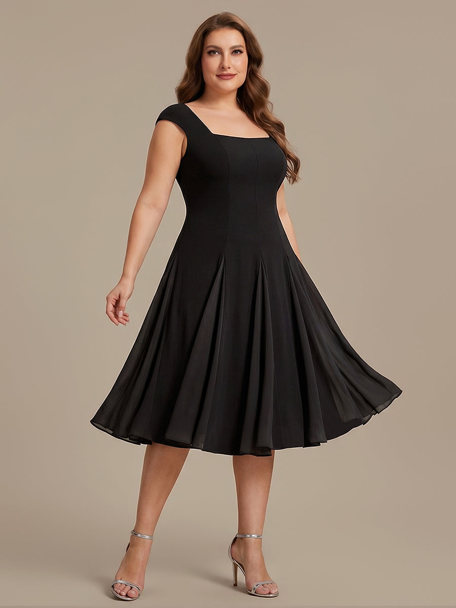 Color=Black | One Stop Shop Short Sleeve Cap Sleeve Patchwork A-Line Midi Wedding Guest Dresses-Black 6