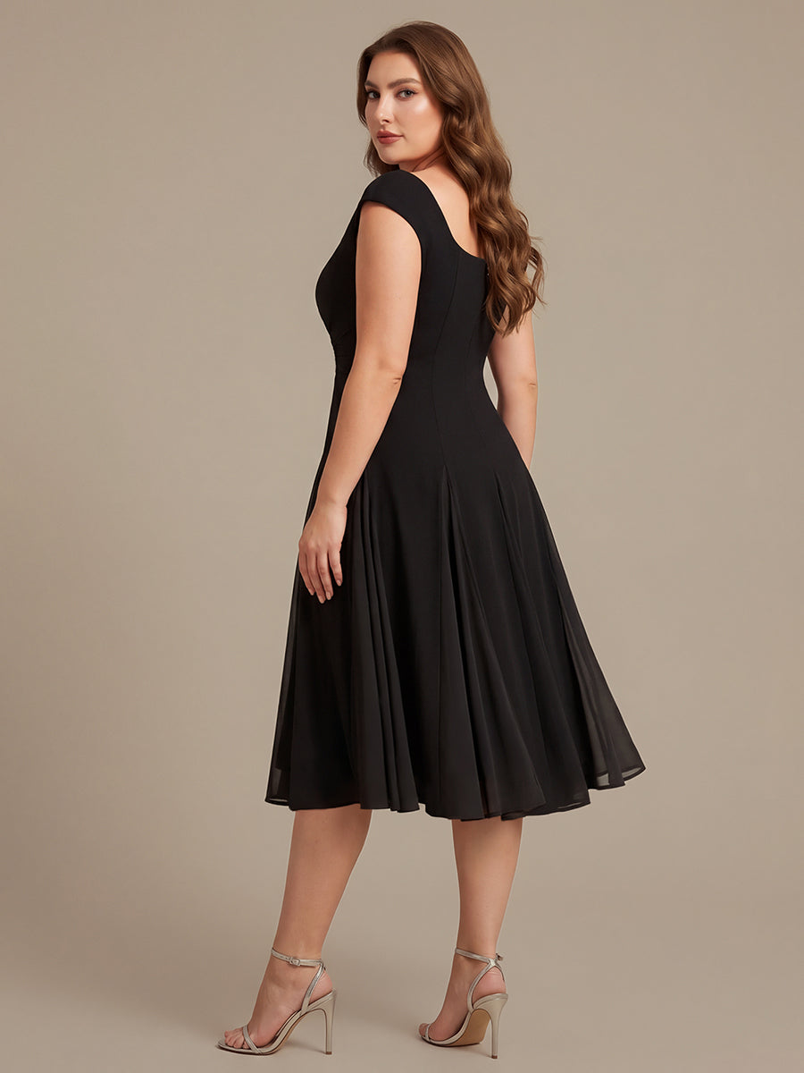 Color=Black | One Stop Shop Short Sleeve Cap Sleeve Patchwork A-Line Midi Wedding Guest Dresses-Black 7