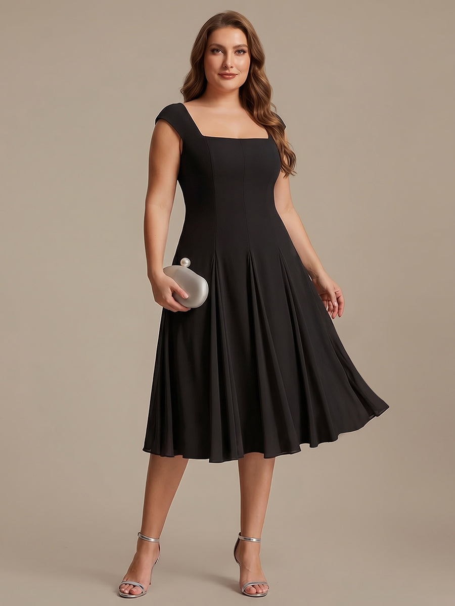 Color=Black | One Stop Shop Short Sleeve Cap Sleeve Patchwork A-Line Midi Wedding Guest Dresses-Black 9