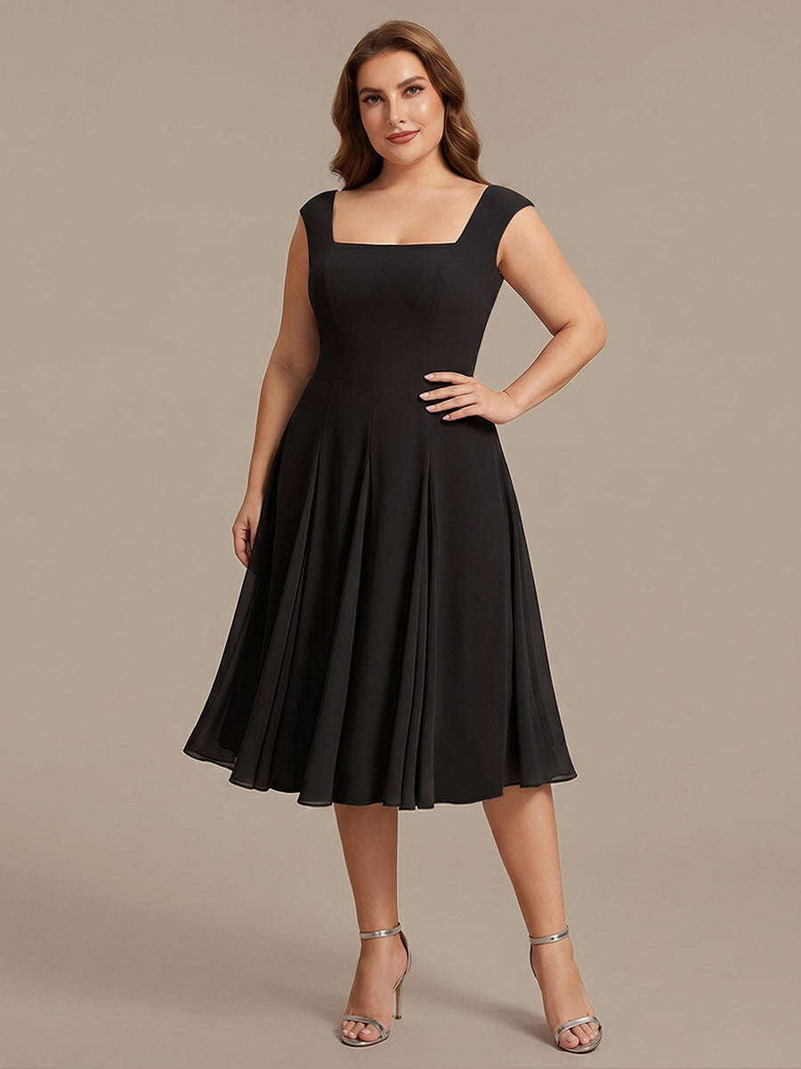 Color=Black | One Stop Shop Short Sleeve Cap Sleeve Patchwork A-Line Midi Wedding Guest Dresses-Black 10