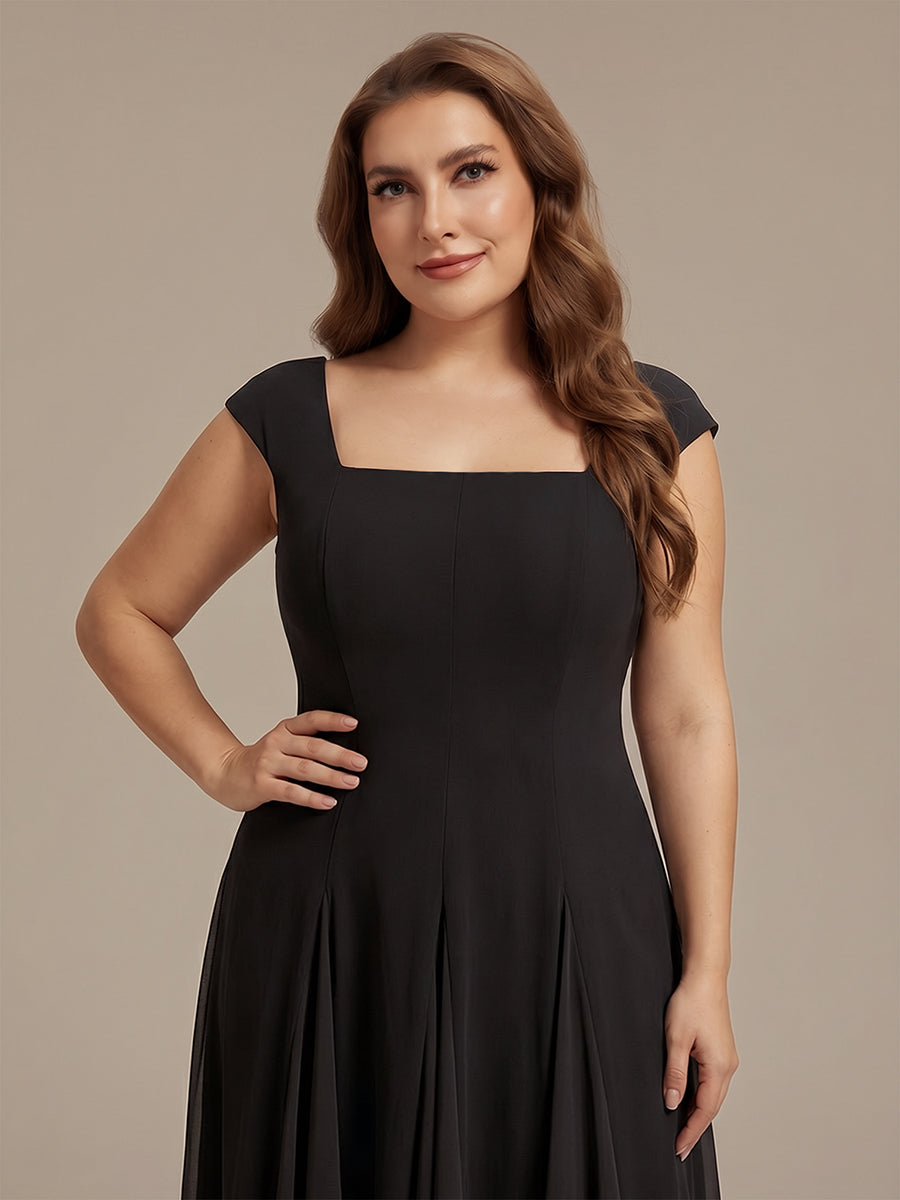 Color=Black | One Stop Shop Short Sleeve Cap Sleeve Patchwork A-Line Midi Wedding Guest Dresses-Black 8