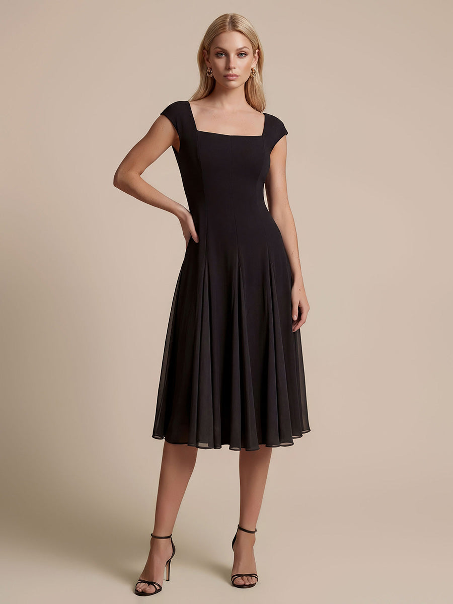Color=Black | Wholesale Strapless High Stretch Ball-Gown Midi Square Neck Wedding Guest Dresses-Black 1