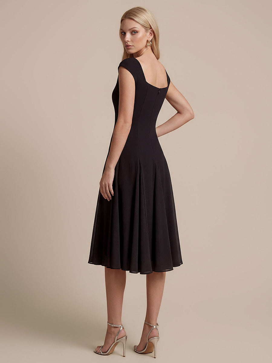 Color=Black | Wholesale Strapless High Stretch Ball-Gown Midi Square Neck Wedding Guest Dresses-Black 2