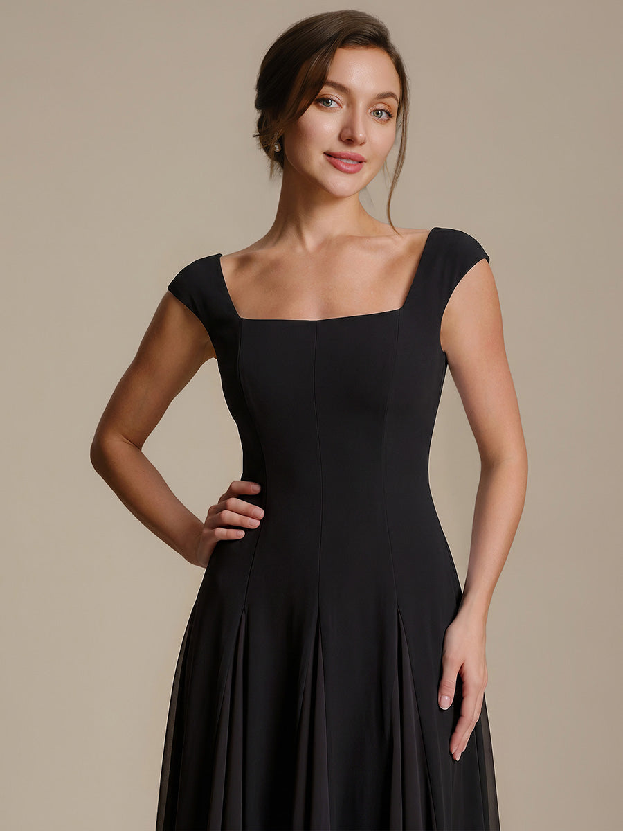 Color=Black | One Stop Shop Short Sleeve Cap Sleeve Patchwork A-Line Midi Wedding Guest Dresses-Black 3