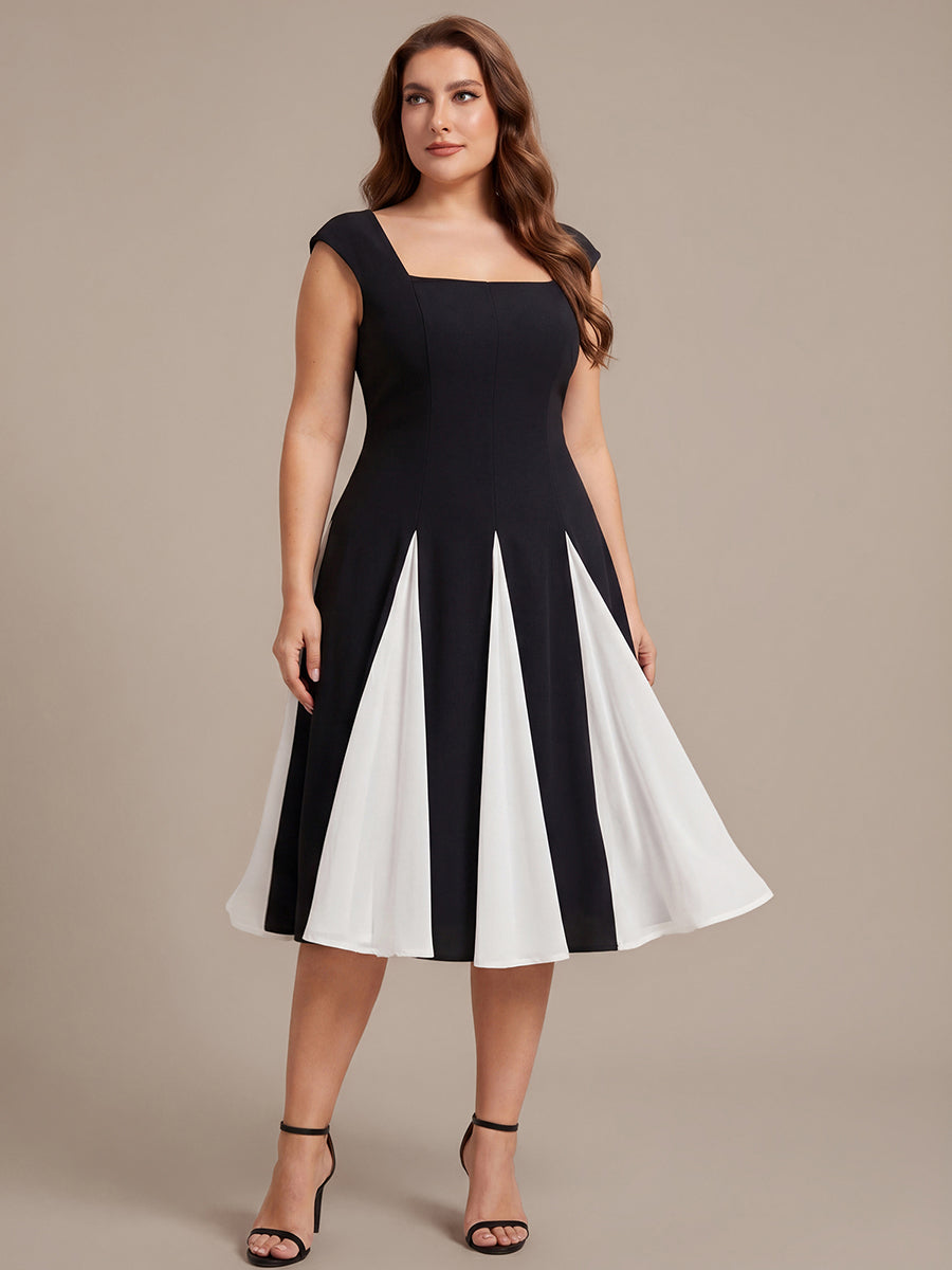 Color=Ivory-Black | One Stop Shop Short Sleeve Cap Sleeve Patchwork A-Line Midi Wedding Guest Dresses-Ivory-Black 26