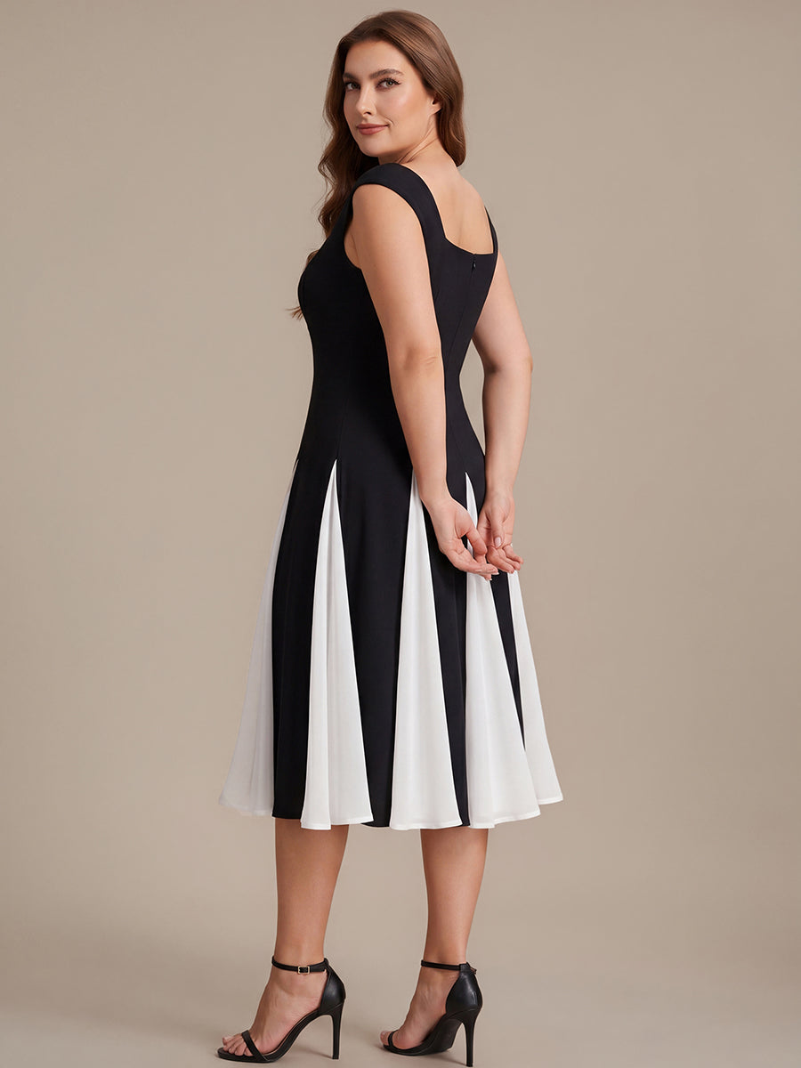Color=Ivory-Black | One Stop Shop Short Sleeve Cap Sleeve Patchwork A-Line Midi Wedding Guest Dresses-Ivory-Black 27