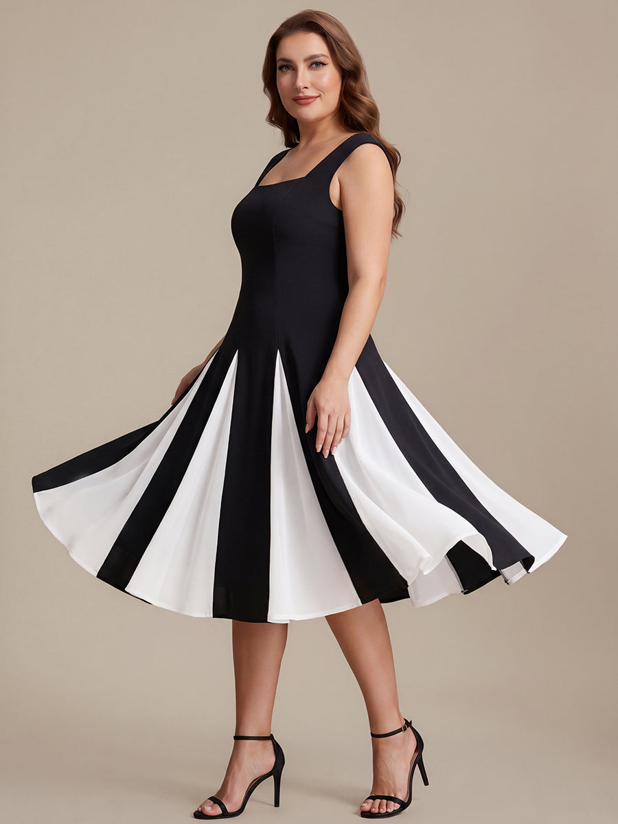 Color=Ivory-Black | One Stop Shop Short Sleeve Cap Sleeve Patchwork A-Line Midi Wedding Guest Dresses-Ivory-Black 29
