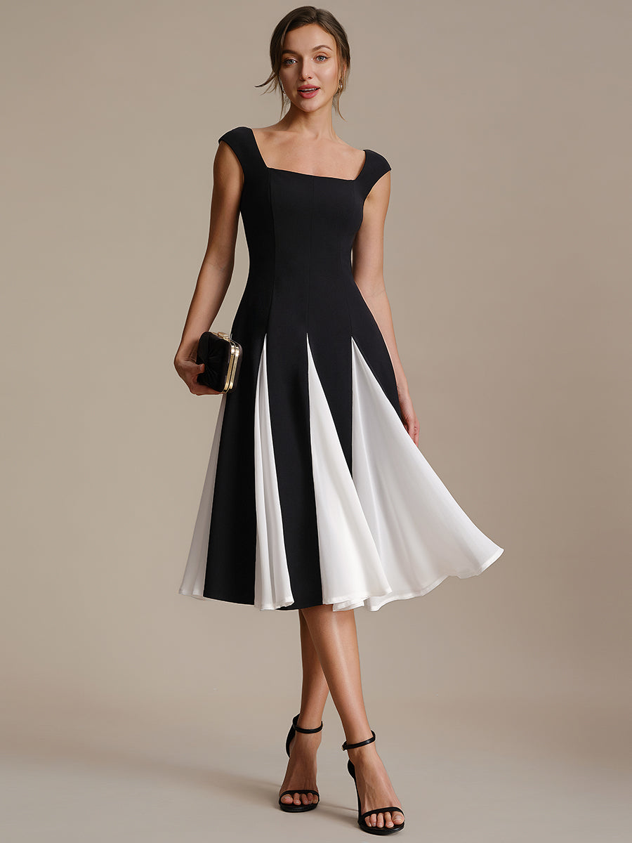 Color=Ivory-Black | One Stop Shop Short Sleeve Cap Sleeve Patchwork A-Line Midi Wedding Guest Dresses-Ivory-Black 24