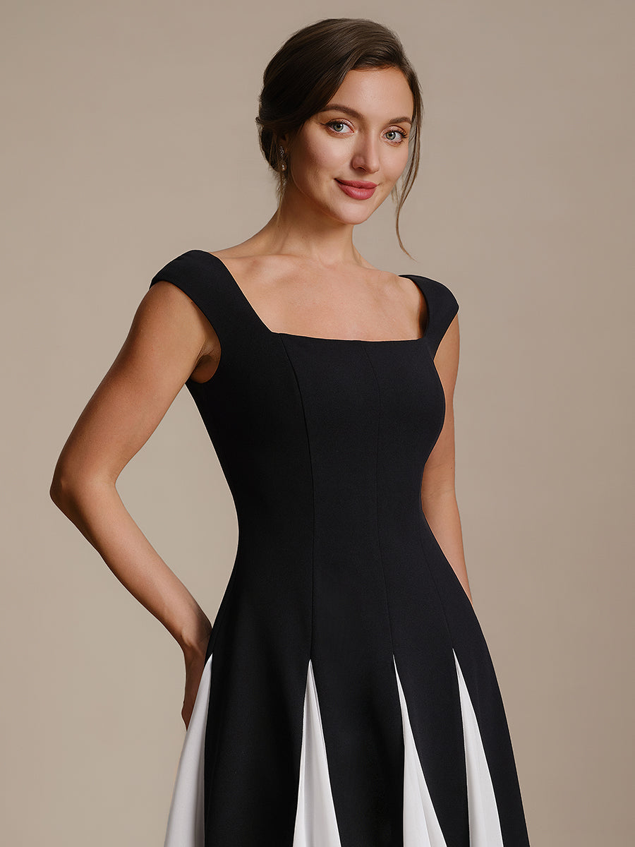 Color=Ivory-Black | One Stop Shop Short Sleeve Cap Sleeve Patchwork A-Line Midi Wedding Guest Dresses-Ivory-Black 23