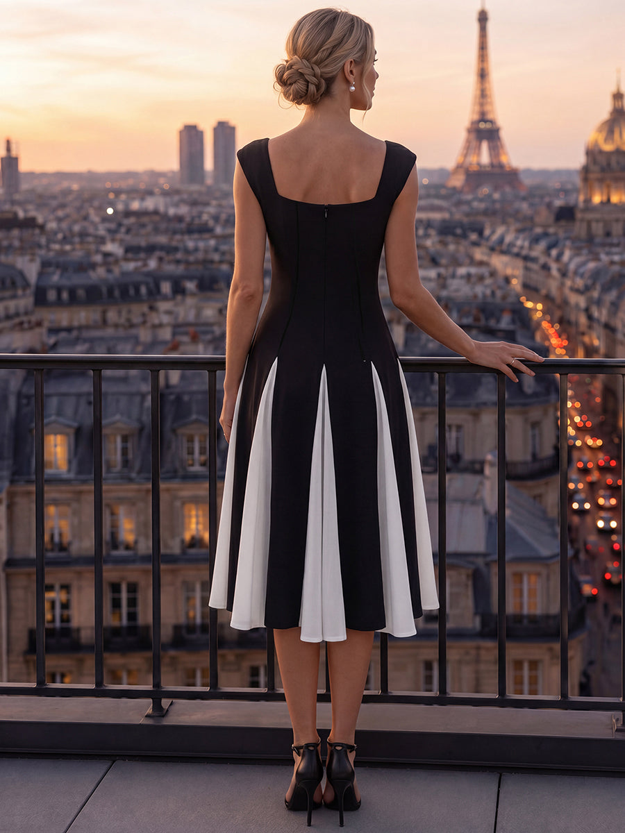 Color=Ivory-Black | Wholesale Strapless High Stretch Ball-Gown Midi Square Neck Wedding Guest Dresses-Ivory-Black 8
