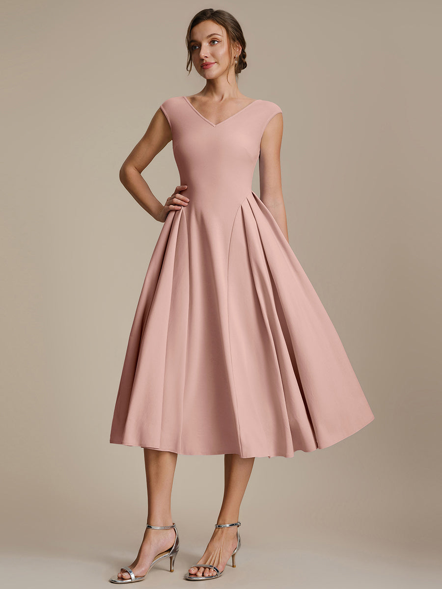 Color=Dusty Rose | One Stop Shop Short Sleeve V-Neck Pleated High Stretch Ball Gown Midi Wedding Guest Dresses-Dusty Rose 4