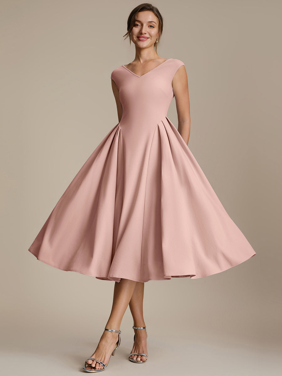 Color=Dusty Rose | One Stop Shop Short Sleeve V-Neck Pleated High Stretch Ball Gown Midi Wedding Guest Dresses-Dusty Rose 5