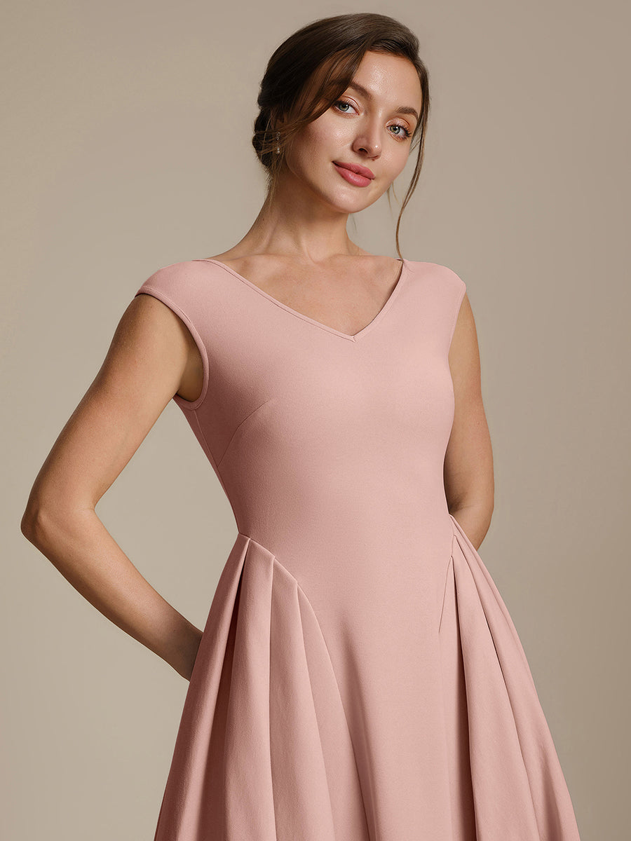 Color=Dusty Rose | One Stop Shop Short Sleeve V-Neck Pleated High Stretch Ball Gown Midi Wedding Guest Dresses-Dusty Rose 3