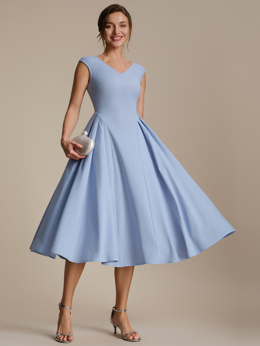Color=Ice Blue | One Stop Shop Short Sleeve V-Neck Pleated High Stretch Ball Gown Midi Wedding Guest Dresses-Ice Blue 6