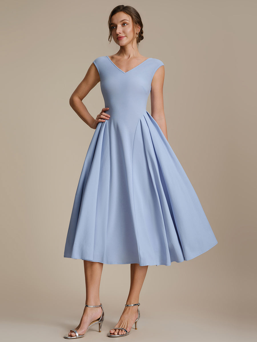Color=Ice Blue | One Stop Shop Short Sleeve V-Neck Pleated High Stretch Ball Gown Midi Wedding Guest Dresses-Ice Blue 9