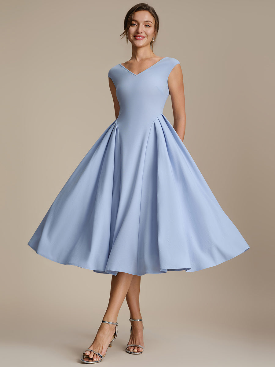 Color=Ice Blue | One Stop Shop Short Sleeve V-Neck Pleated High Stretch Ball Gown Midi Wedding Guest Dresses-Ice Blue 10