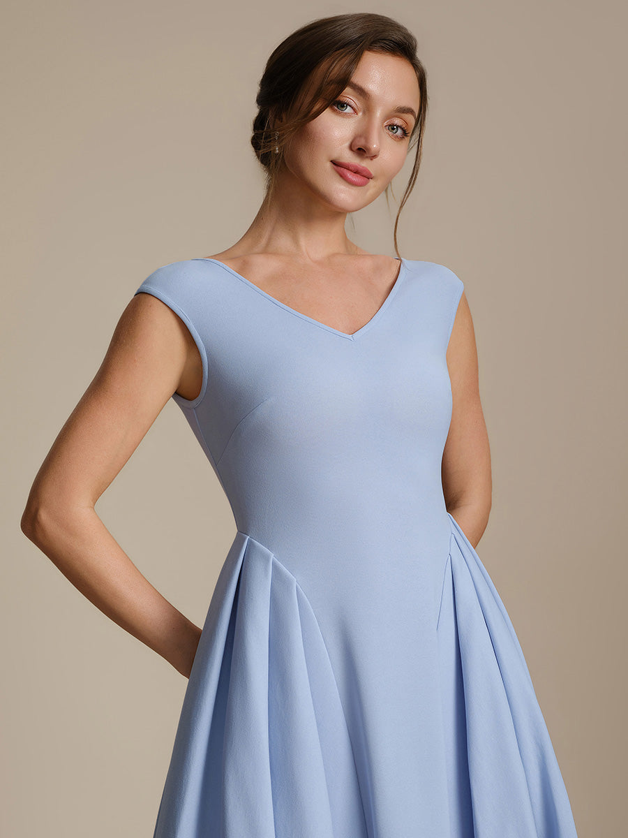 Color=Ice Blue | One Stop Shop Short Sleeve V-Neck Pleated High Stretch Ball Gown Midi Wedding Guest Dresses-Ice Blue 8