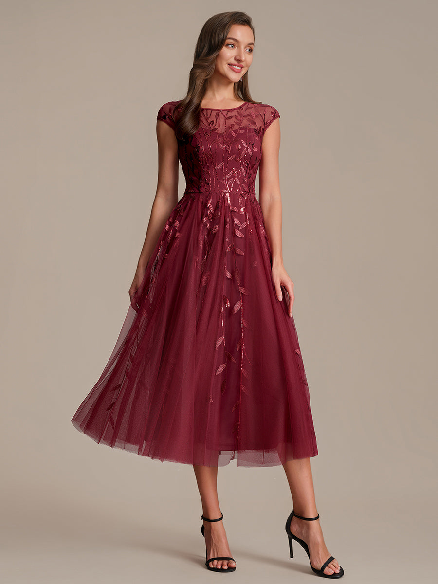 Color=Burgundy | Industrial Use Short Sleeve See-through Patchwork A-Line Tea Length Wedding Guest Dresses-Burgundy 4