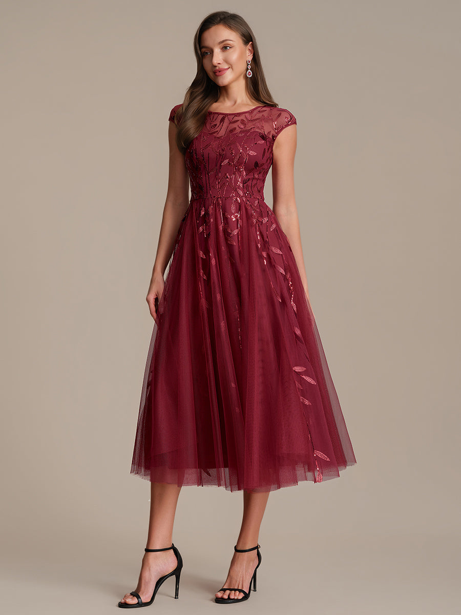 Color=Burgundy | Industrial Use Short Sleeve See-through Patchwork A-Line Tea Length Wedding Guest Dresses-Burgundy 5