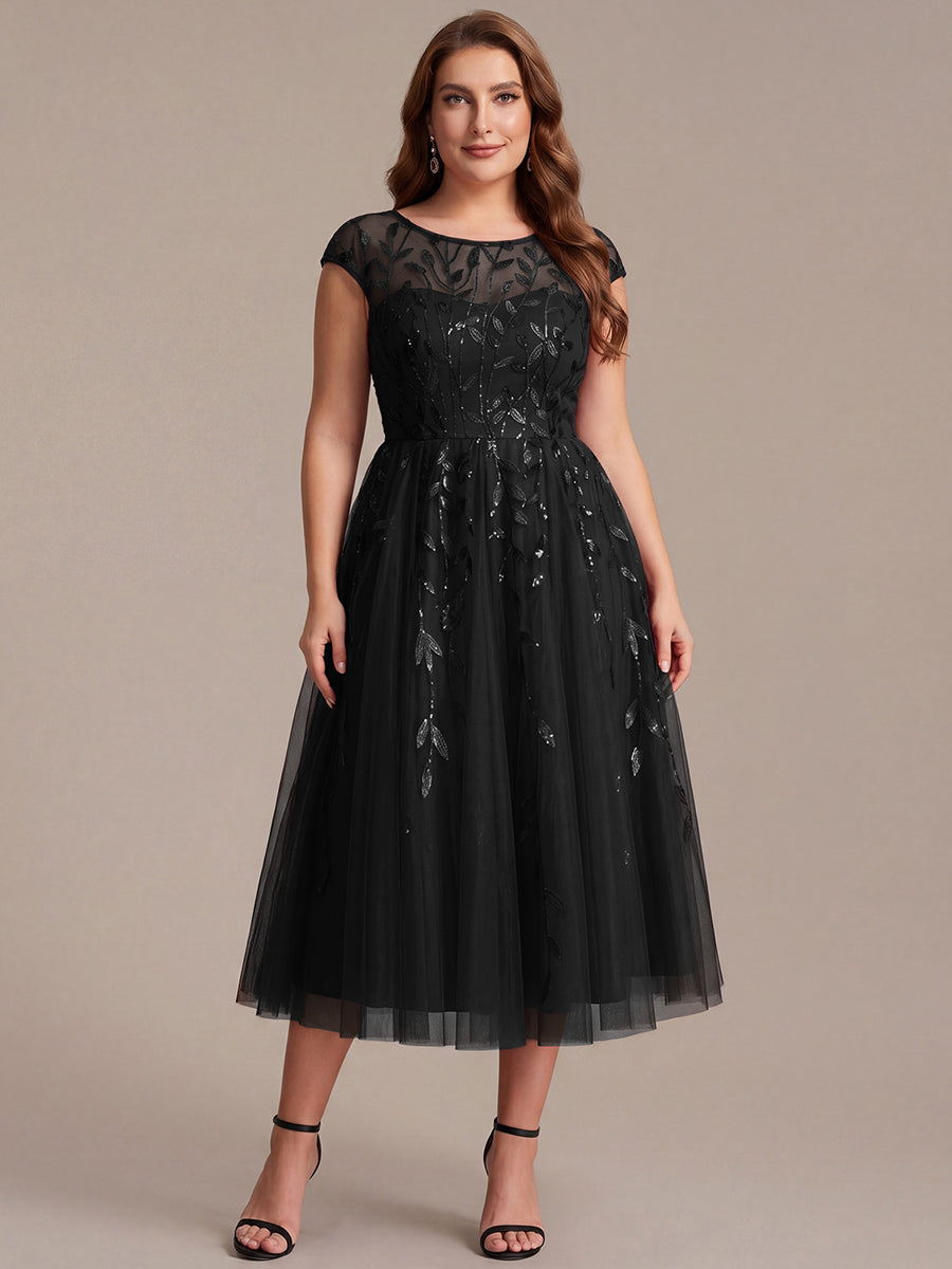 Color=Black | Volume Discounts Short Sleeve Cap Sleeve Sequin See-Through A-Line Tea Length Wedding Guest Dresses-Black 6