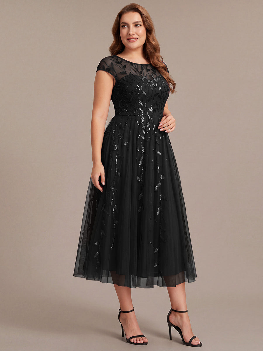 Color=Black | Volume Discounts Short Sleeve Cap Sleeve Sequin See-Through A-Line Tea Length Wedding Guest Dresses-Black 9