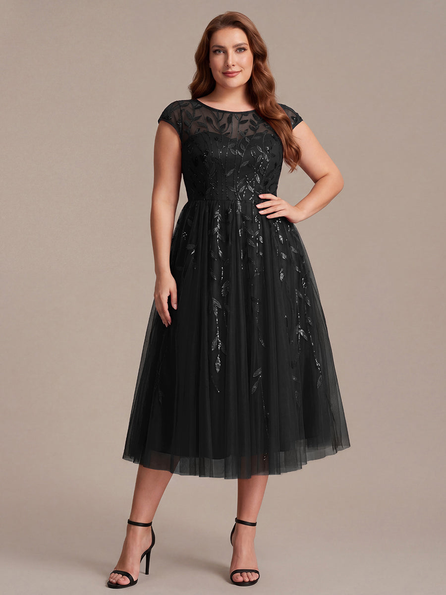 Color=Black | Volume Discounts Short Sleeve Cap Sleeve Sequin See-Through A-Line Tea Length Wedding Guest Dresses-Black 10