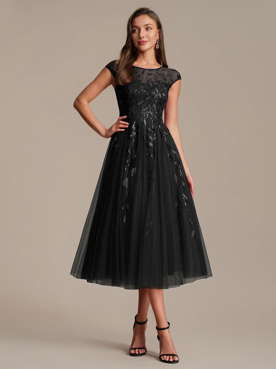 Color=Black | Volume Discounts Short Sleeve Cap Sleeve Sequin See-Through A-Line Tea Length Wedding Guest Dresses-Black 1