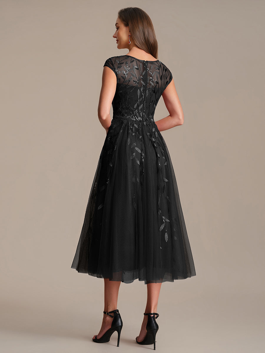 Color=Black | Volume Discounts Short Sleeve Cap Sleeve Sequin See-Through A-Line Tea Length Wedding Guest Dresses-Black 2