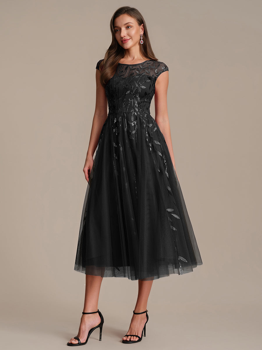 Color=Black | Volume Discounts Short Sleeve Cap Sleeve Sequin See-Through A-Line Tea Length Wedding Guest Dresses-Black 5