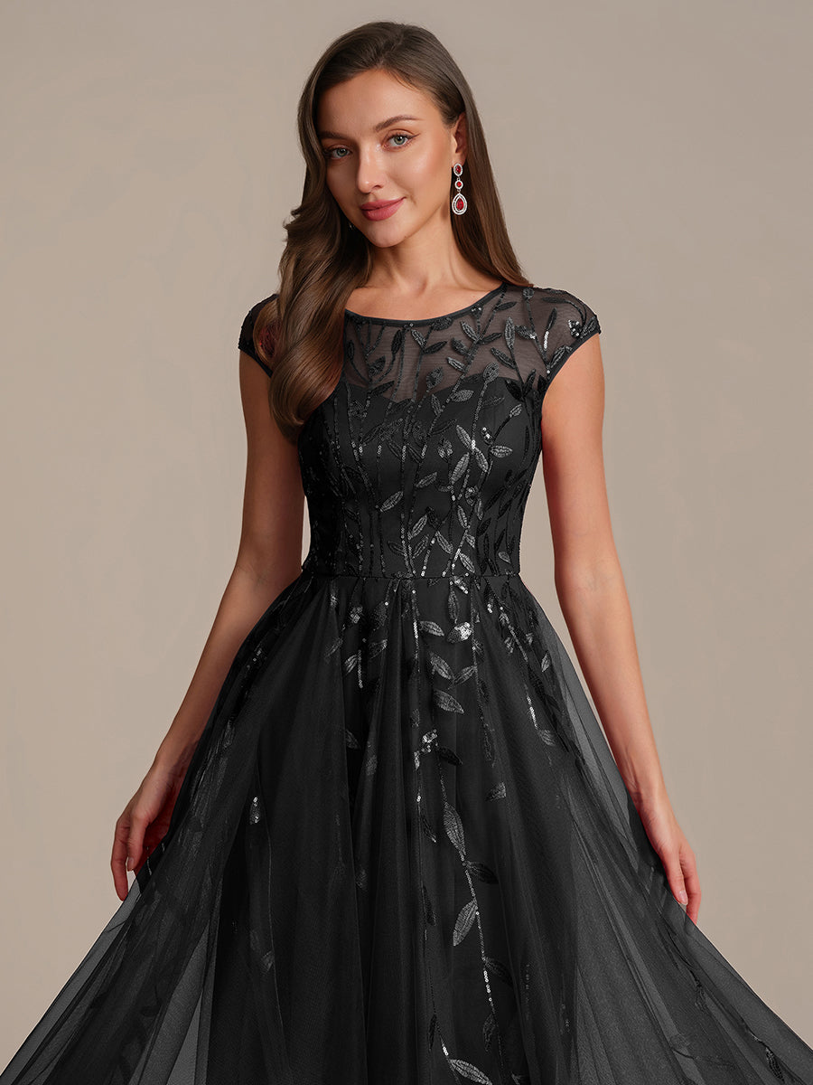 Color=Black | Volume Discounts Short Sleeve Cap Sleeve Sequin See-Through A-Line Tea Length Wedding Guest Dresses-Black 3
