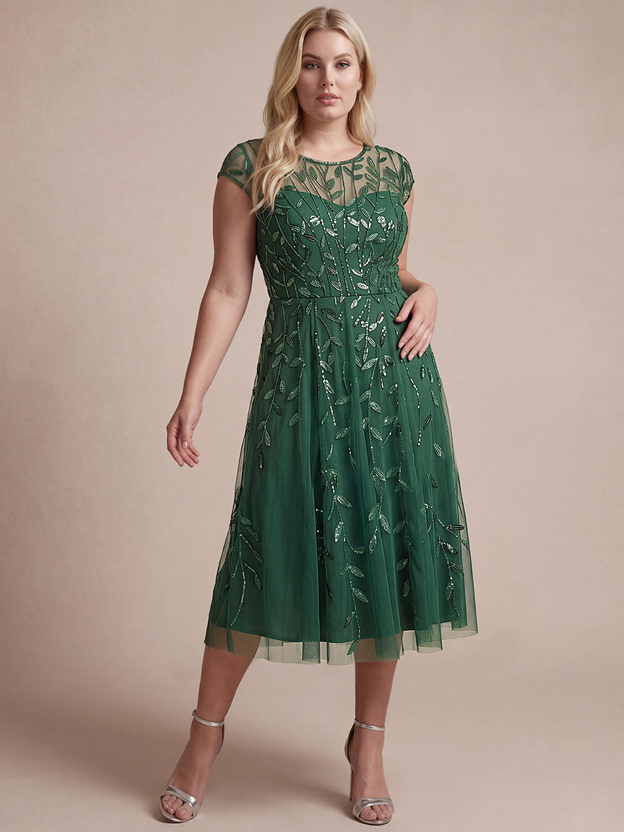 Color=Eucalyptus | Industrial Use Short Sleeve See-through Patchwork A-Line Tea Length Wedding Guest Dresses-Eucalyptus 11