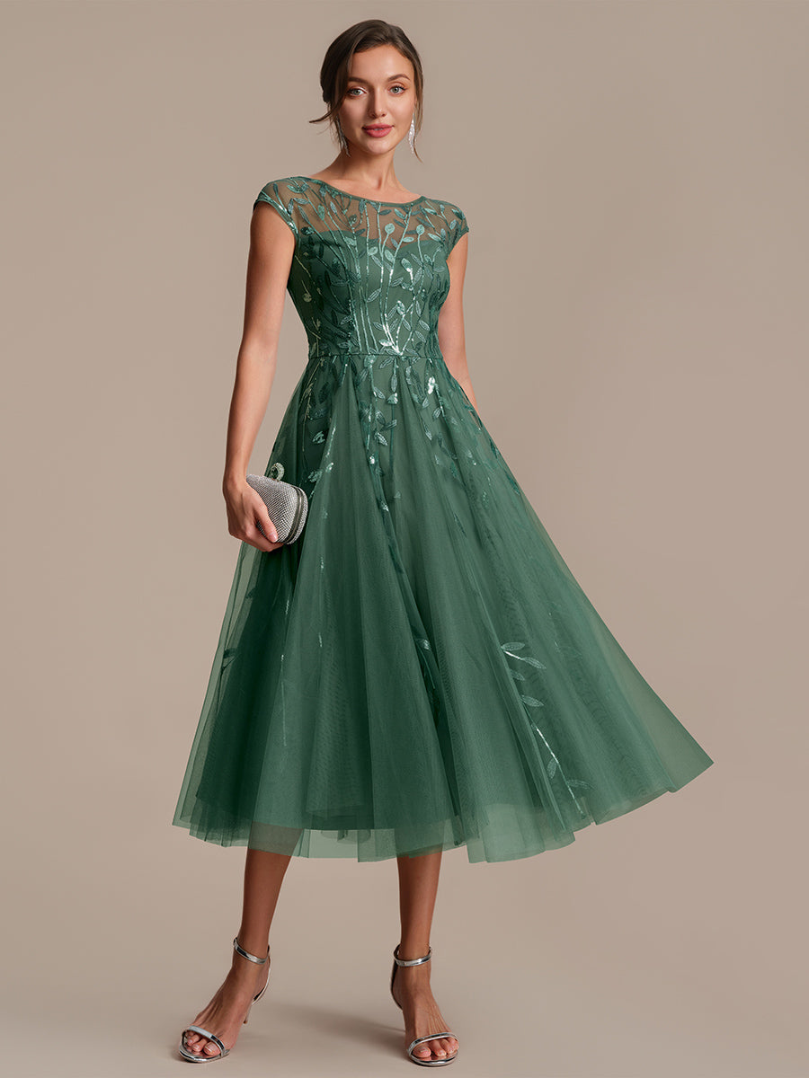 Color=Eucalyptus | Industrial Use Short Sleeve See-through Patchwork A-Line Tea Length Wedding Guest Dresses-Eucalyptus 6
