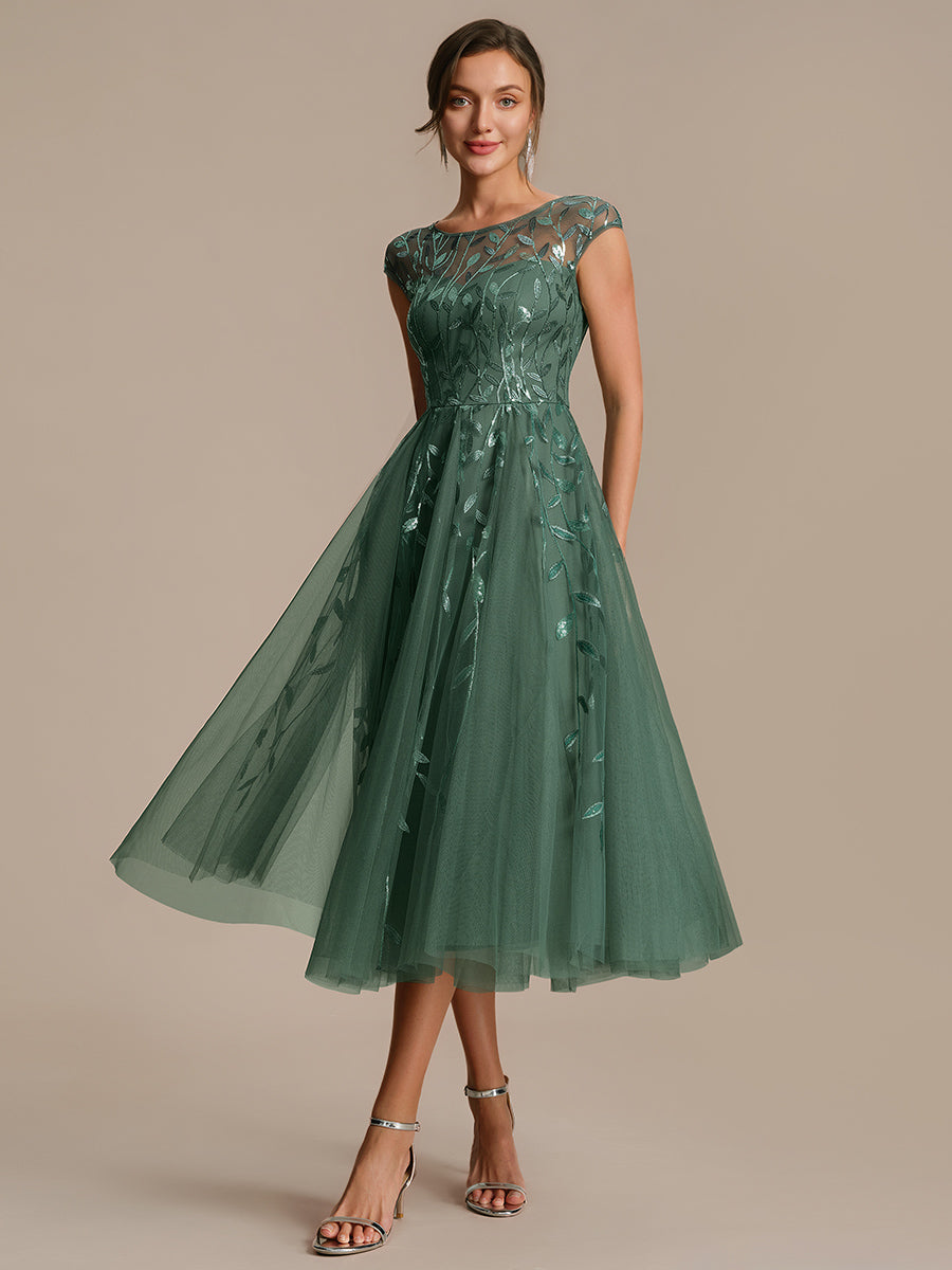 Color=Eucalyptus | Industrial Use Short Sleeve See-through Patchwork A-Line Tea Length Wedding Guest Dresses-Eucalyptus 9