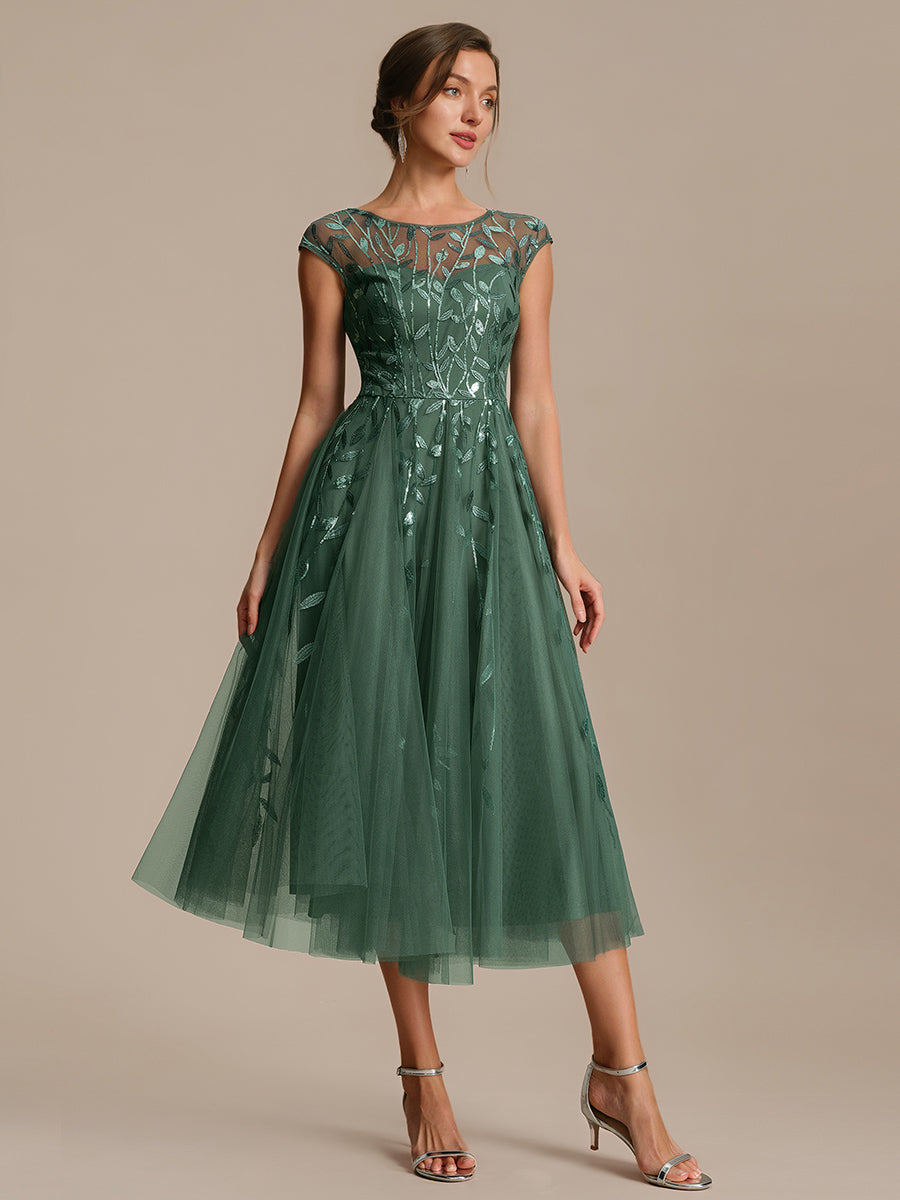 Color=Eucalyptus | Industrial Use Short Sleeve See-through Patchwork A-Line Tea Length Wedding Guest Dresses-Eucalyptus 10