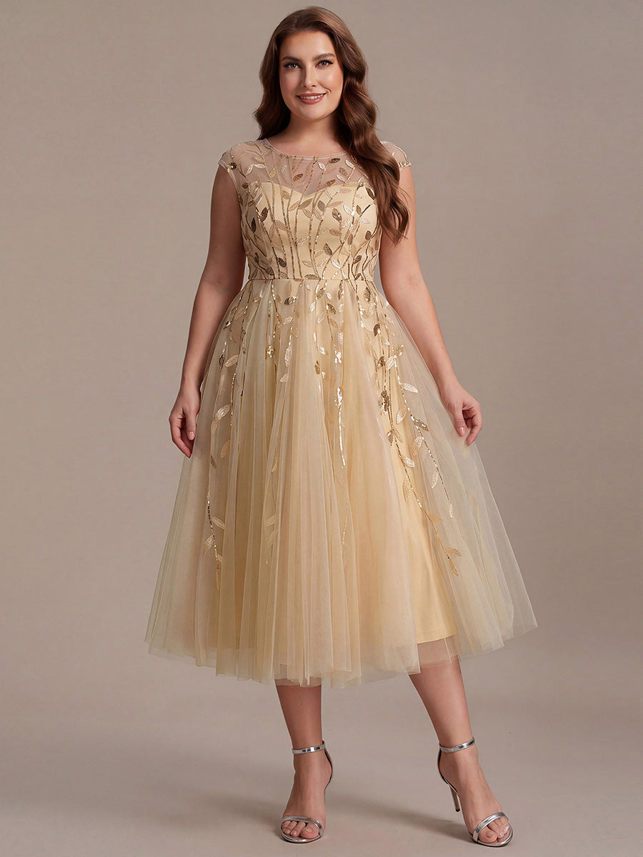 Color=Gold | Volume Discounts Short Sleeve Cap Sleeve Sequin See-Through A-Line Tea Length Wedding Guest Dresses-Gold 16