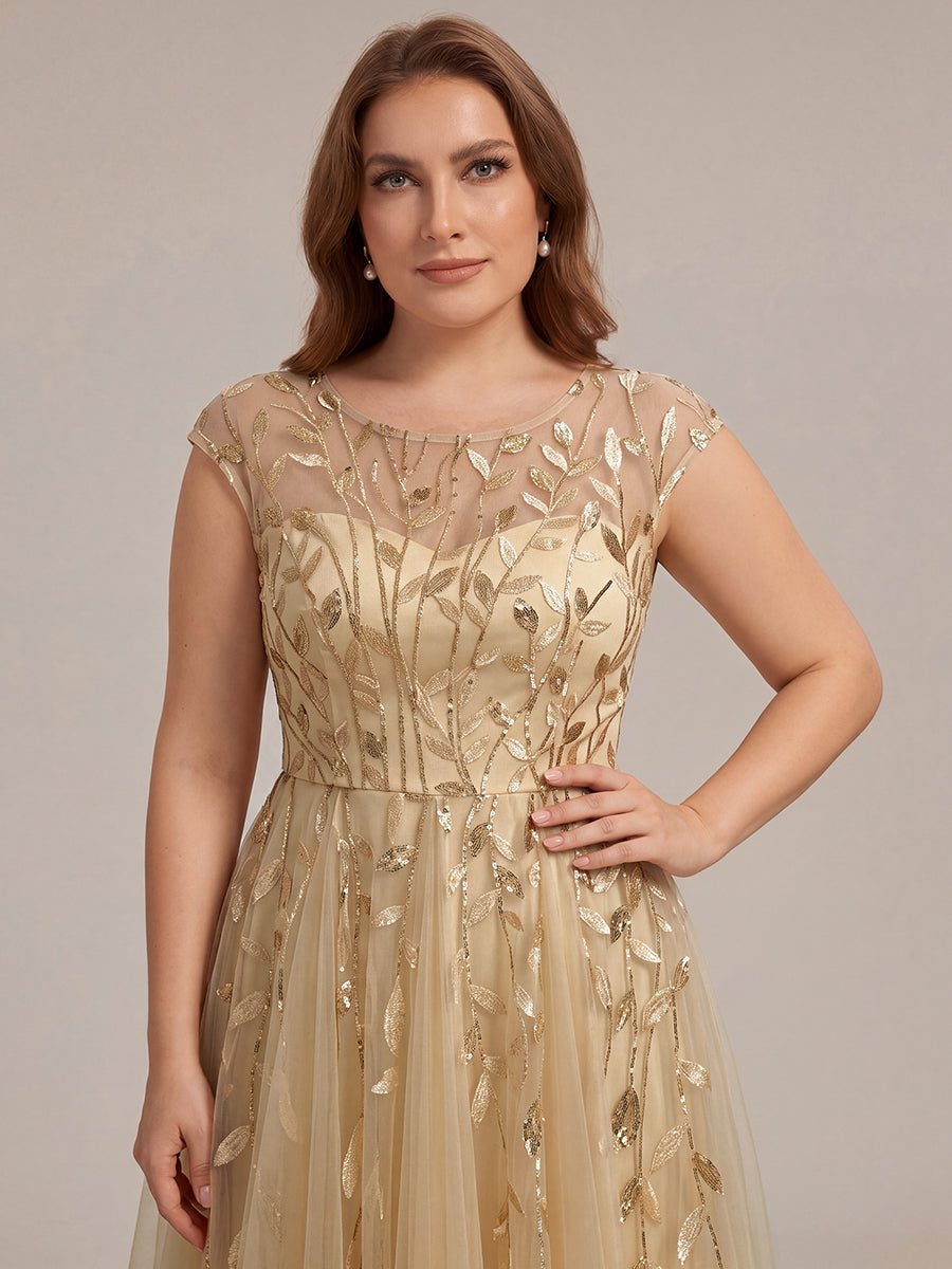 Color=Gold | Volume Discounts Short Sleeve Cap Sleeve Sequin See-Through A-Line Tea Length Wedding Guest Dresses-Gold 18