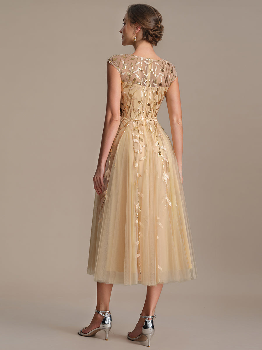 Color=Gold | Volume Discounts Short Sleeve Cap Sleeve Sequin See-Through A-Line Tea Length Wedding Guest Dresses-Gold 12