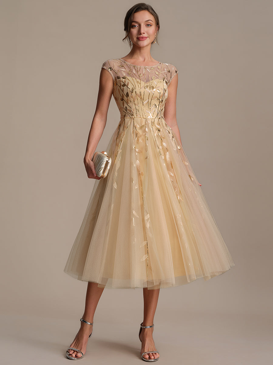 Color=Gold | Volume Discounts Short Sleeve Cap Sleeve Sequin See-Through A-Line Tea Length Wedding Guest Dresses-Gold 14