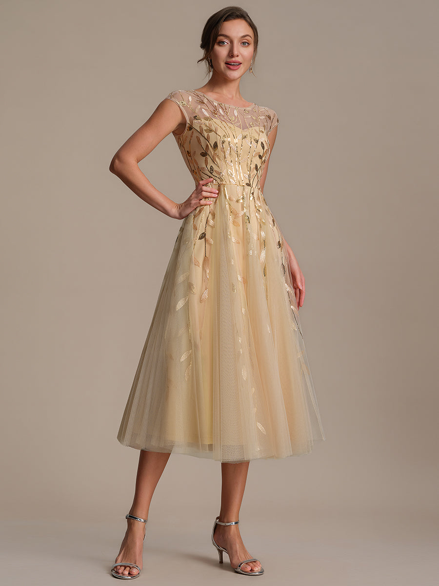 Color=Gold | Volume Discounts Short Sleeve Cap Sleeve Sequin See-Through A-Line Tea Length Wedding Guest Dresses-Gold 15