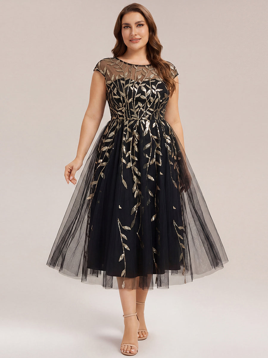 Color=Black Gold | Volume Discounts Short Sleeve Cap Sleeve Sequin See-Through A-Line Tea Length Wedding Guest Dresses-Black Gold 30