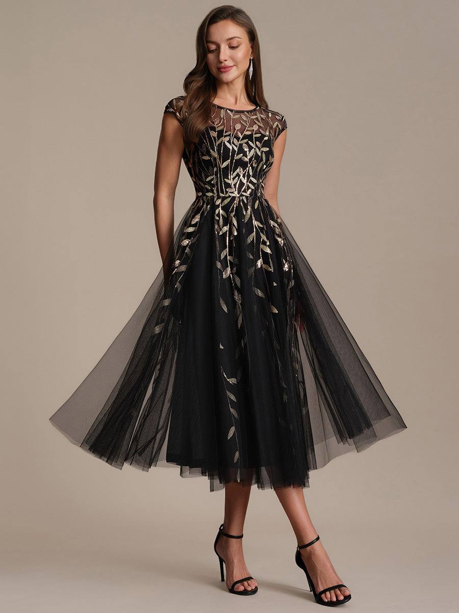 Color=Black Gold | Volume Discounts Short Sleeve Cap Sleeve Sequin See-Through A-Line Tea Length Wedding Guest Dresses-Black Gold 21