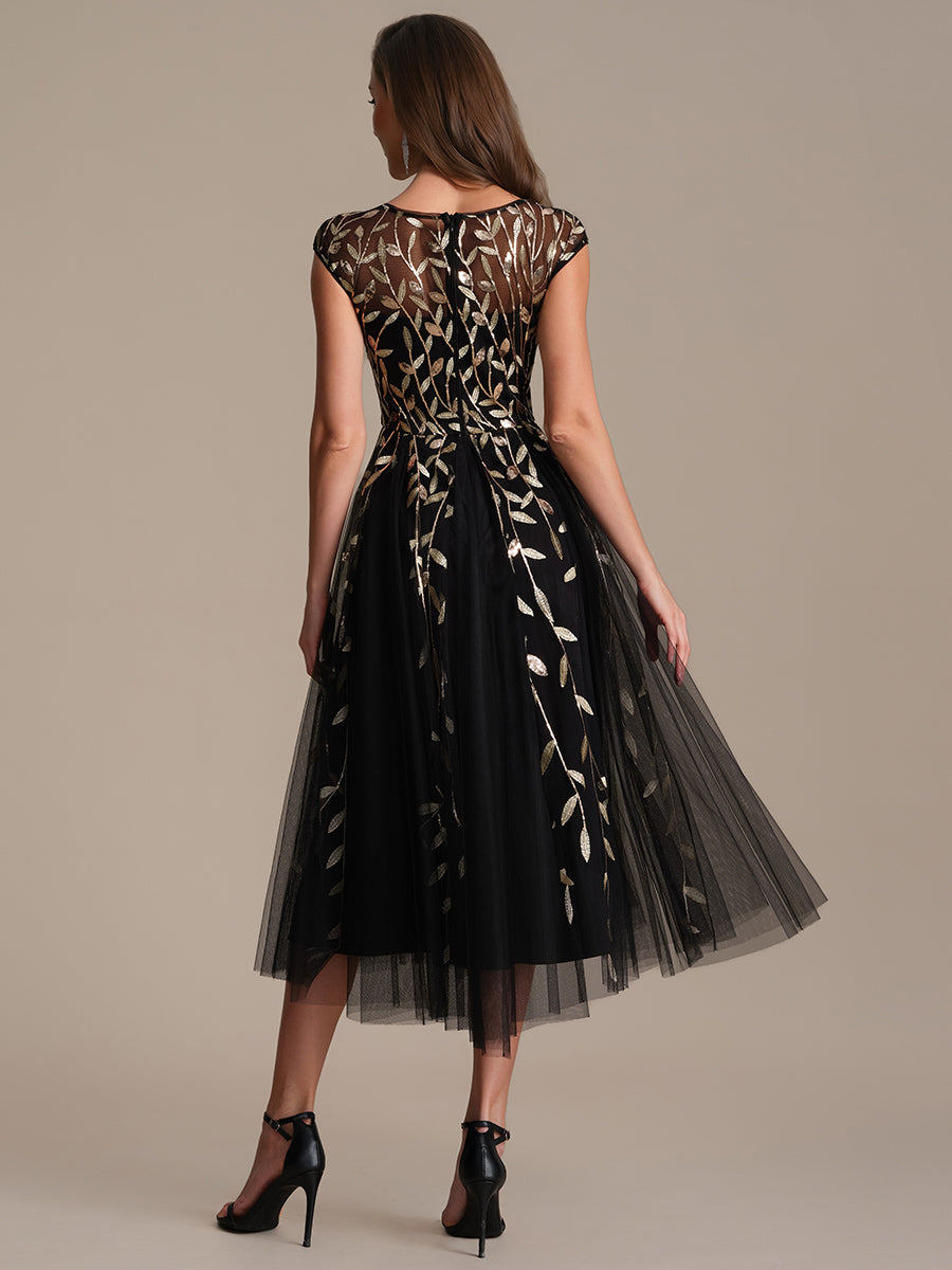 Color=Black Gold | Volume Discounts Short Sleeve Cap Sleeve Sequin See-Through A-Line Tea Length Wedding Guest Dresses-Black Gold 22