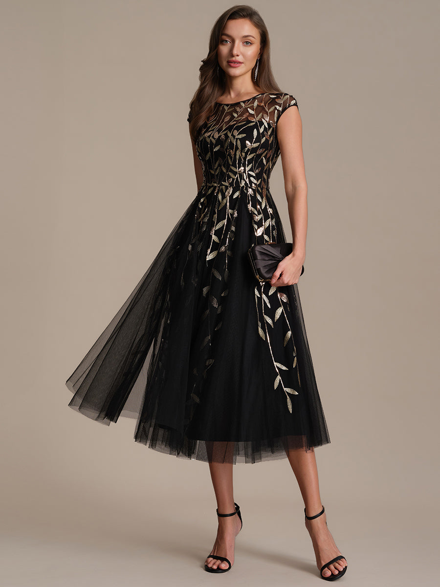 Color=Black Gold | Volume Discounts Short Sleeve Cap Sleeve Sequin See-Through A-Line Tea Length Wedding Guest Dresses-Black Gold 24