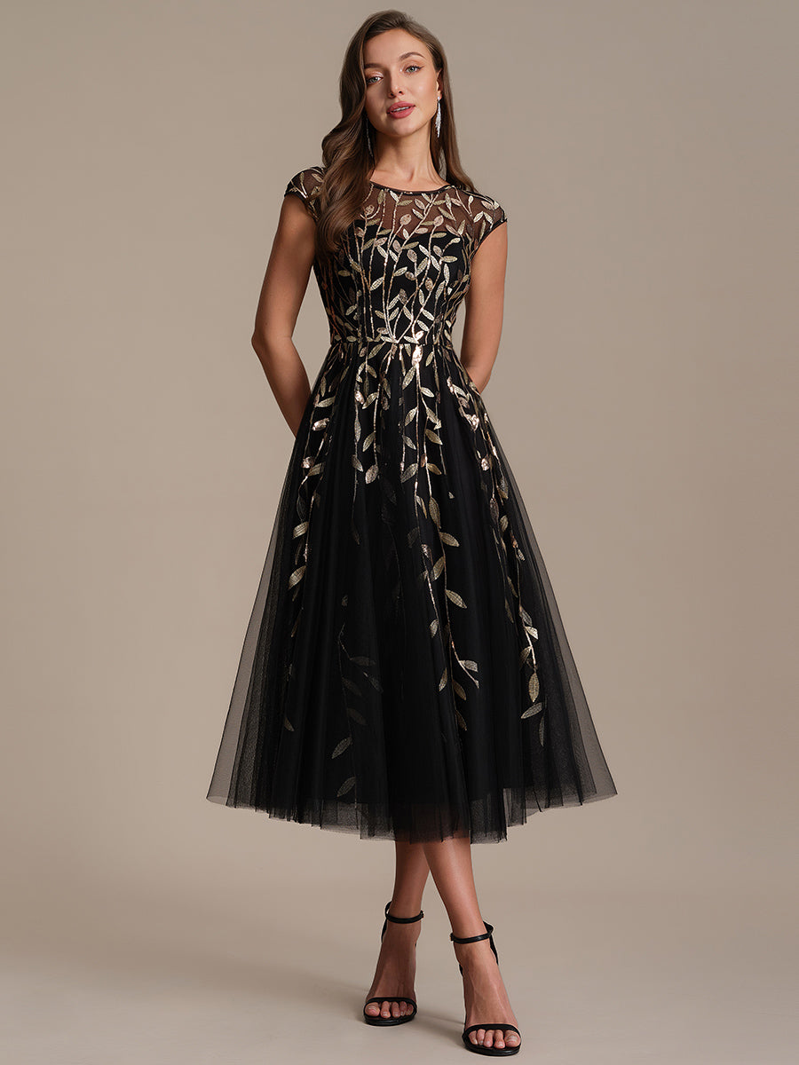 Color=Black Gold | Volume Discounts Short Sleeve Cap Sleeve Sequin See-Through A-Line Tea Length Wedding Guest Dresses-Black Gold 25