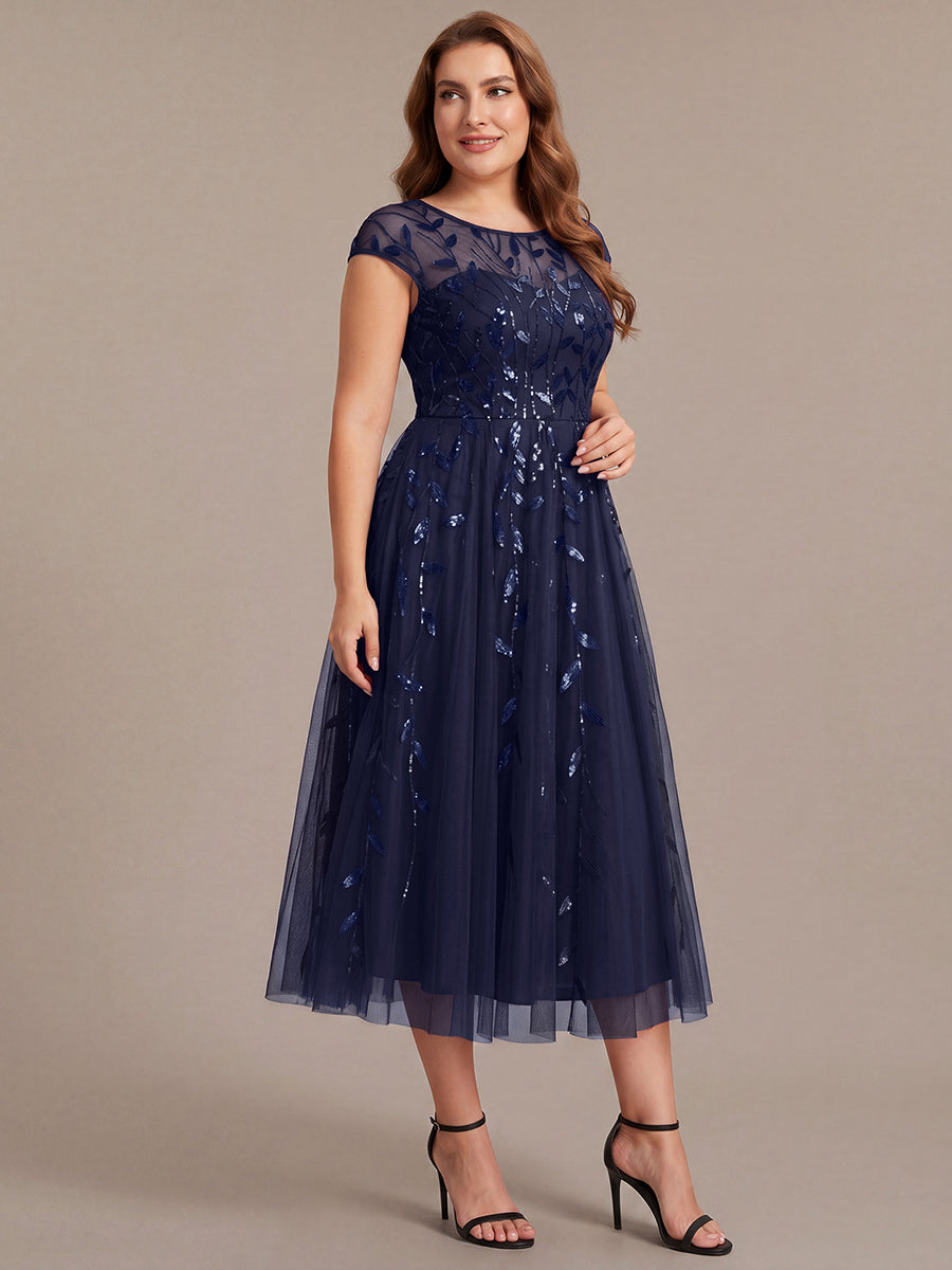Color=Navy Blue | Volume Discounts Short Sleeve Cap Sleeve Sequin See-Through A-Line Tea Length Wedding Guest Dresses-Navy Blue 39