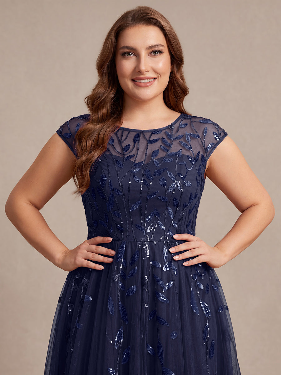 Color=Navy Blue | Volume Discounts Short Sleeve Cap Sleeve Sequin See-Through A-Line Tea Length Wedding Guest Dresses-Navy Blue 38
