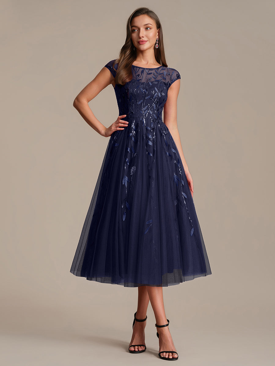 Color=Navy Blue | Volume Discounts Short Sleeve Cap Sleeve Sequin See-Through A-Line Tea Length Wedding Guest Dresses-Navy Blue 31