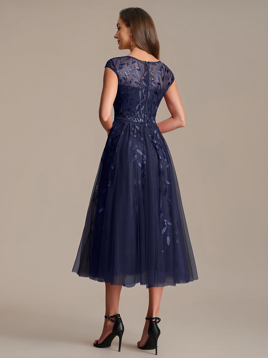 Color=Navy Blue | Volume Discounts Short Sleeve Cap Sleeve Sequin See-Through A-Line Tea Length Wedding Guest Dresses-Navy Blue 32